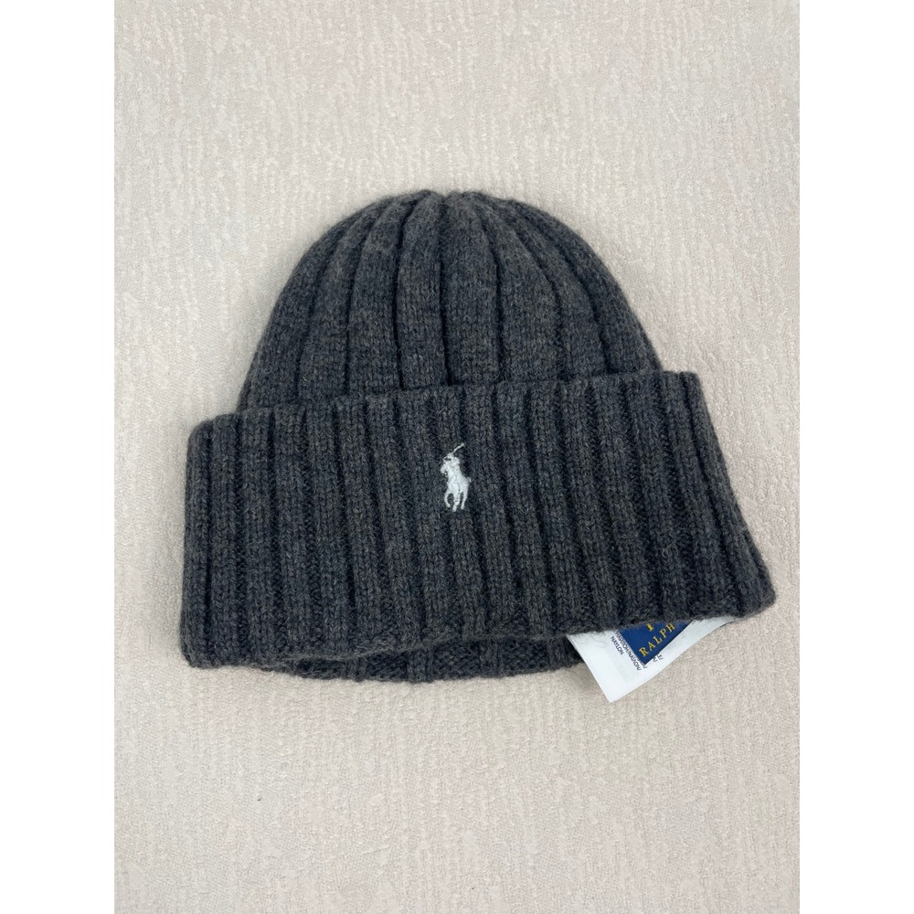 Polo Ralph Lauren Kids Charcoal Grey Wool Blend Ribbed Knit Beanie Hat One Size‎